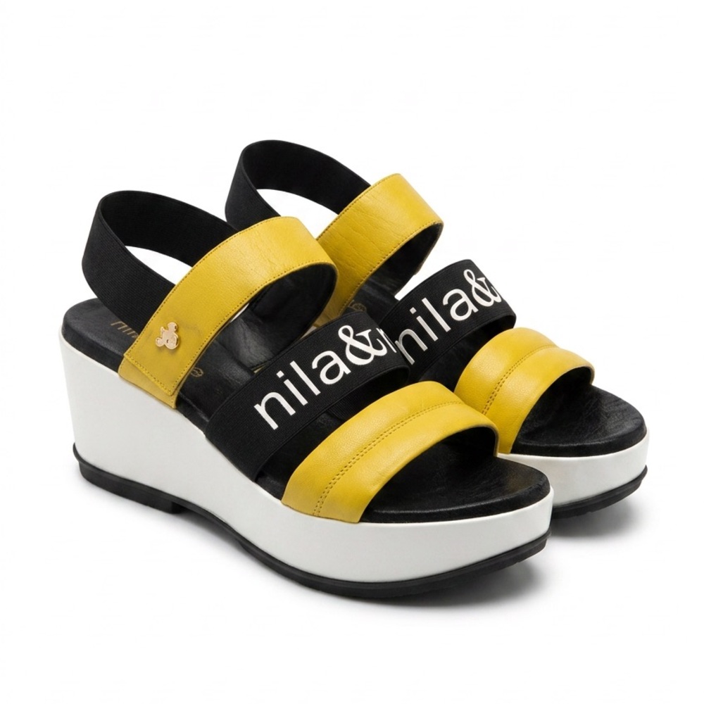 Nila & Nila Women’s Yellow and Black Leather Wedge Comfort Summer Sandals
